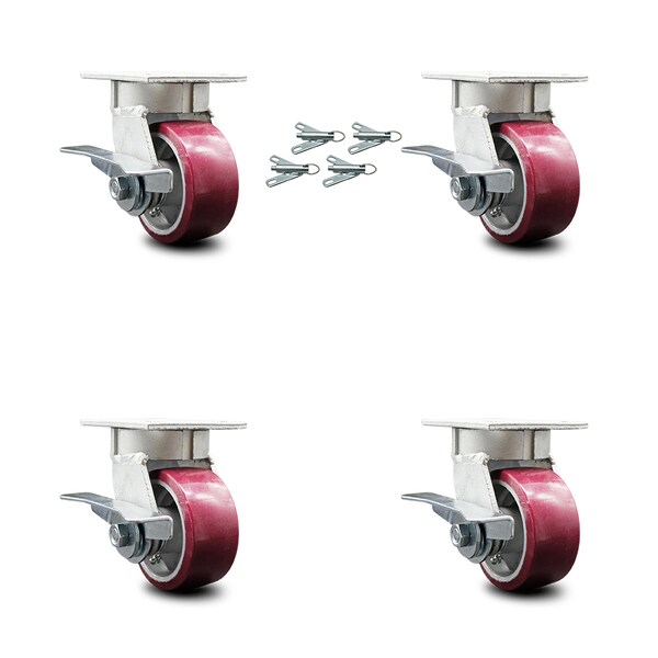 4 Inch Kingpinless Poly on Aluminum Caster Set with Brakes and Swivel Locks SCC